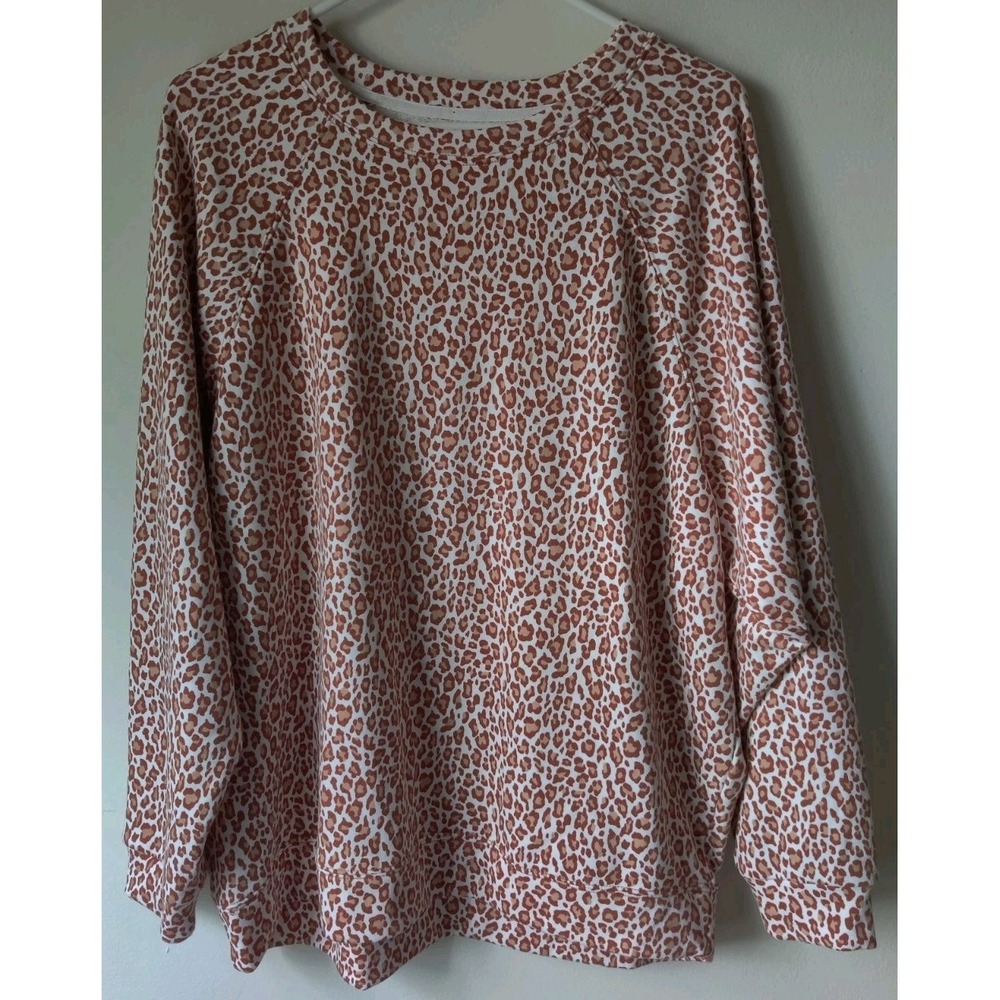 Lou & Grey Women's Leopard Print Terry Pullover Size M Oversized Orange/Brown